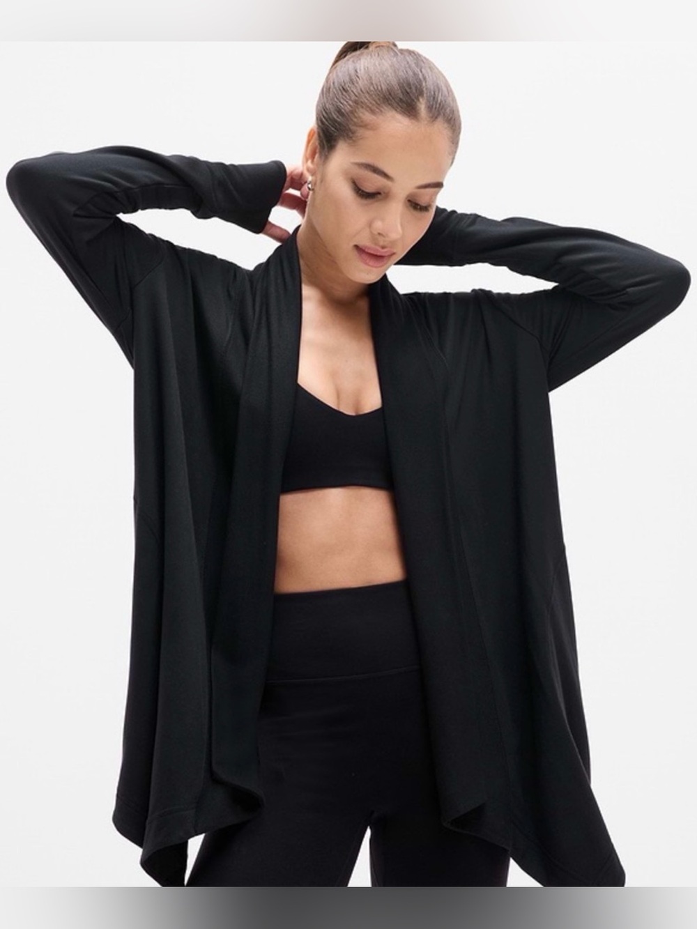 Athleta Pranayama Black Draped Open-Front Cardigan